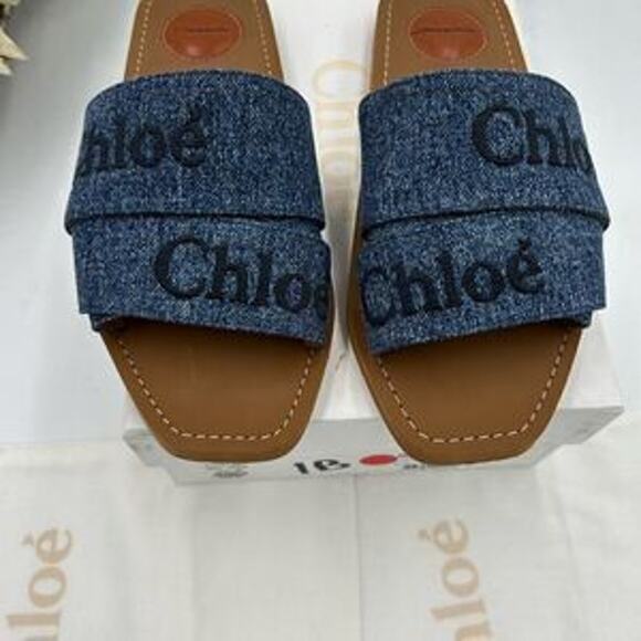 Women’s Chloe woody logo embroidered denim sandals size 38 made in Italy - Picture 8 of 11